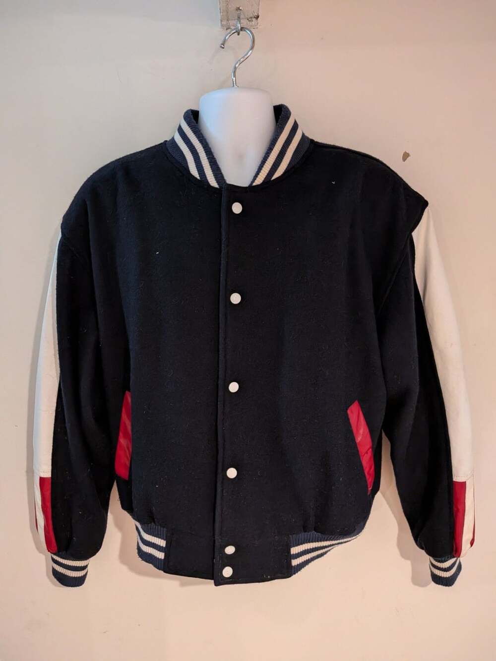 Vintage Wool and Leather Varsity Jacket with American Flag Back Black White Red